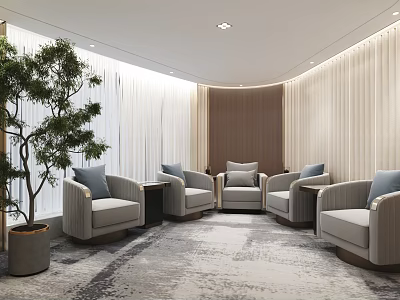 Modern Hotel Public Lounge Area With Gray Armchairs Blue Cushions And Large Plant 3d model