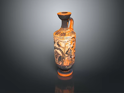 Ancient Greek Vase Sculpture with Intricate Carved Figures and Decorative Patterns in Orange and Black 3d model