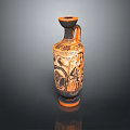 Ancient Greek Vase Sculpture with Intricate Carved Figures and Decorative Patterns in Orange and Black