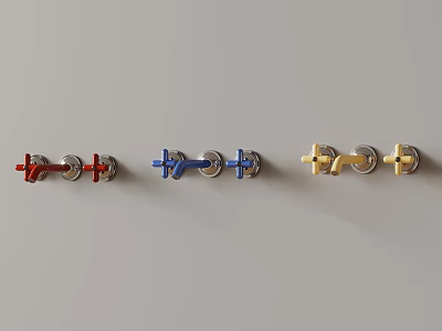 Red Blue And Gold Modern Faucet Designs Displayed In A Row On Gray Background 3d model