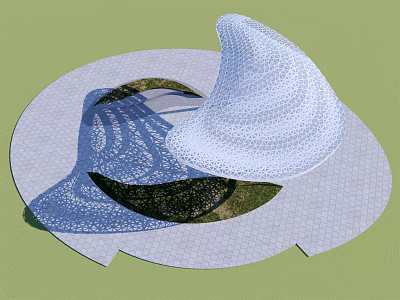 White Perforated Curved Architectural Structure With Circular Platform And Green Background 3d model