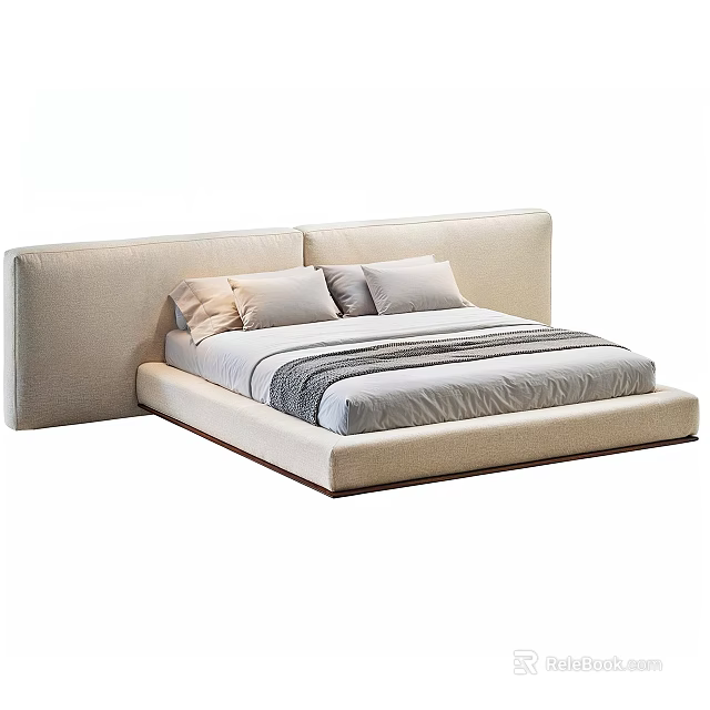 Modern Comfortable Double Bed Design With Upholstered Headboard Soft Pillows And Neutral Linen Sheets 3d model 