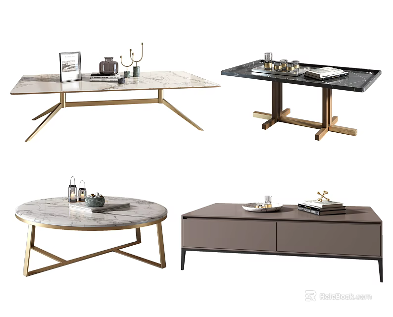 Modern Coffee Tables With Marble Tops Gold Metal Frames And Decorative Items 3d model