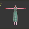 Woman with Pink Hair Full Body in Turquoise Dress Standing Arms Outstretched against Gray Background