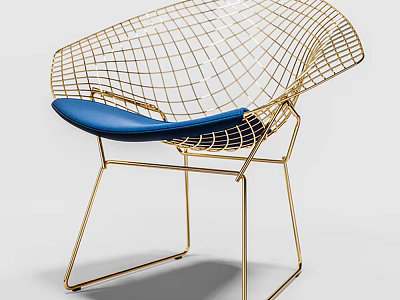 Modern Single Chair With Golden Wire Mesh Frame And Blue Cushion 3d model