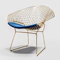 Modern Single Chair With Golden Wire Mesh Frame And Blue Cushion