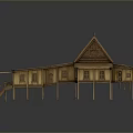 Traditional Wooden Building With Stilt Structure Pitched Roof Carved Details And Multi Gabled Design