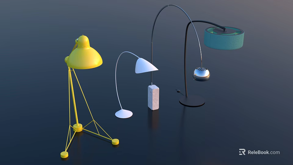Modern Floor Lamps Featuring Yellow White Blue Silver With Curved Arms And Tripod Stands 3d model 