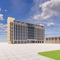 Modern Office Building Exterior With Glass Curtain Wall And Landscaped Parking Area