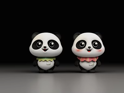 Two Cute Panda Plush Toys With Adorable Cartoon Faces And Soft Material 3d model