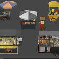 Colorful Street Food Carts And Stalls With Umbrellas And Various Foods