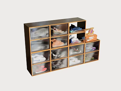 Modern Wooden Shoe Cabinet With Multiple Compartments And Transparent Doors For Visible Shoe Storage 3d model