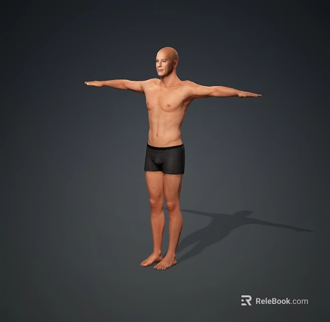 Man Standing Barefoot Shirtless in Black Shorts with Arms Outstretched Against Gray Background 3d model 