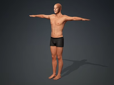Man Standing Barefoot Shirtless in Black Shorts with Arms Outstretched Against Gray Background 3d model