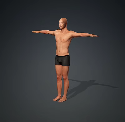 Man Standing Barefoot Shirtless in Black Shorts with Arms Outstretched Against Gray Background 3d model
