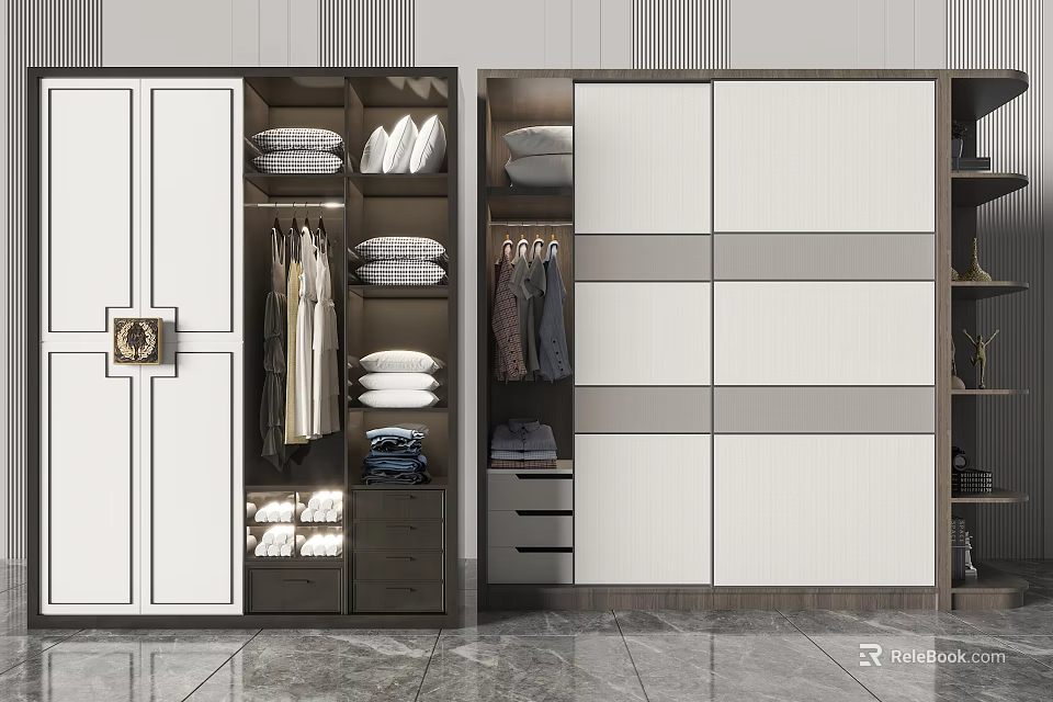 Modern Wardrobe Interior Design With Sliding Doors Hanging Clothes Folded Garments And Storage Drawers 3d model 