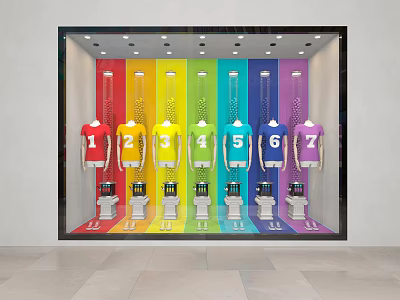 Vibrant Store Window Display With Rainbow Colored Background Numbered T-Shirts And Mannequins 3d model