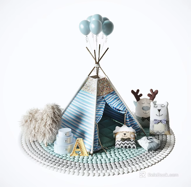 Blue and White Striped Kids Tent with Balloons Plush Toys and Letter Blocks on Mat 3d model 