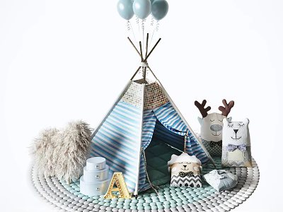 Blue and White Striped Kids Tent with Balloons Plush Toys and Letter Blocks on Mat 3d model