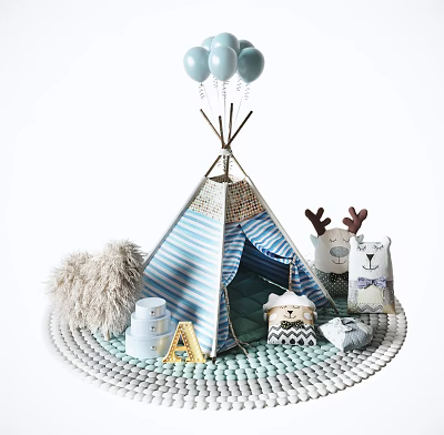 Blue and White Striped Kids Tent with Balloons Plush Toys and Letter Blocks on Mat 3d model