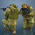 Two Soldiers In Camouflage Uniforms With Tactical Gear Crouching And Aiming Rifles