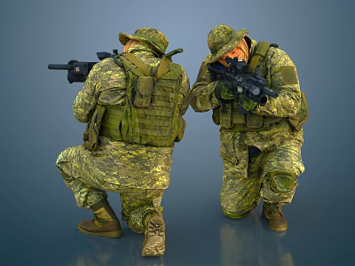 Two Soldiers In Camouflage Uniforms With Tactical Gear Crouching And Aiming Rifles 3d model