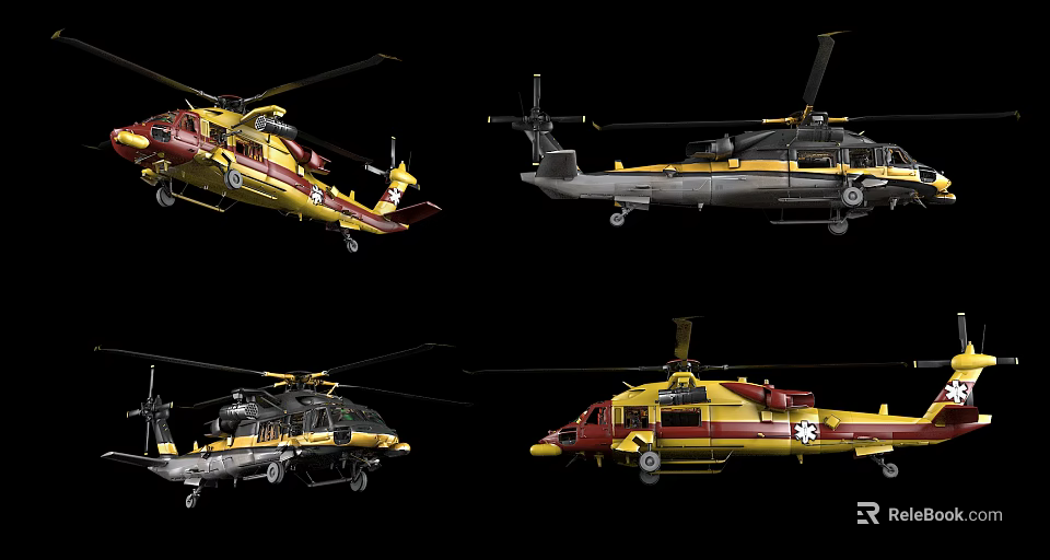 Colorful Military And Civilian Helicopters With Diverse Designs And Paint Colors 3d model 
