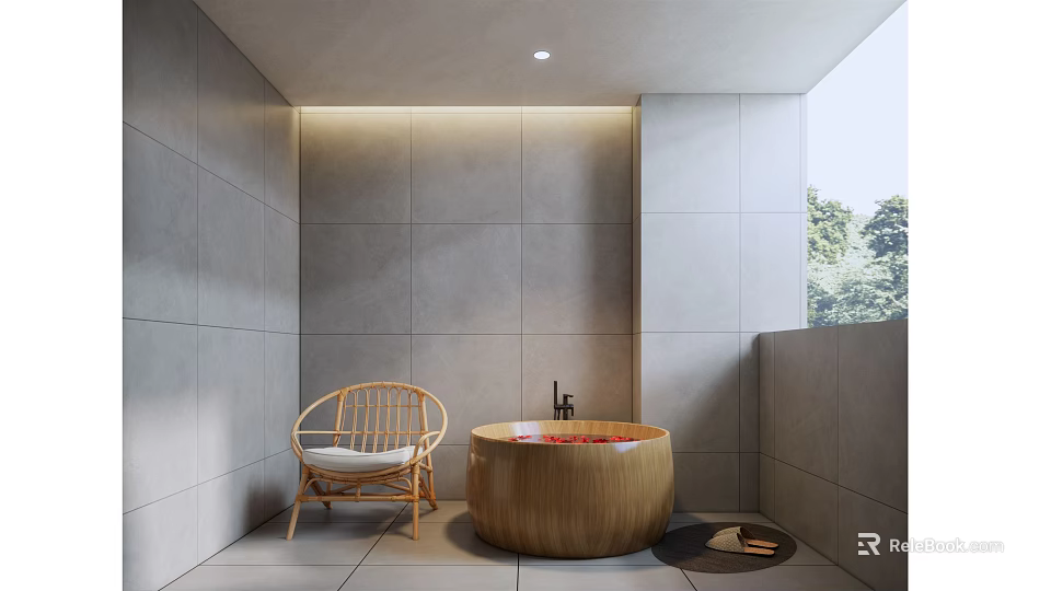 Relaxing SPA Sauna Interior With Wooden Bathtub Rattan Chair Gray Tiled Walls And Natural Light 3d model 