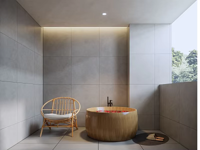 Relaxing SPA Sauna Interior With Wooden Bathtub Rattan Chair Gray Tiled Walls And Natural Light 3d model