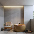 Relaxing SPA Sauna Interior With Wooden Bathtub Rattan Chair Gray Tiled Walls And Natural Light