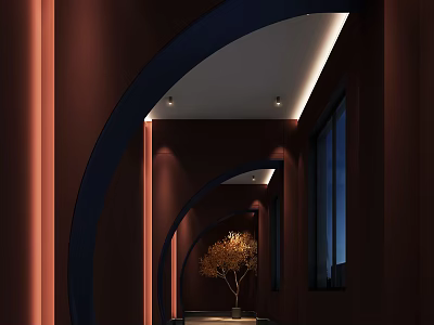Warm Toned Elevator Corridor Interior With Arched Structures And Potted Plant 3d model
