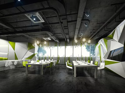 Modern Public Office Interior With Geometric Green White Walls Exposed Pipes And Natural Light 3d model