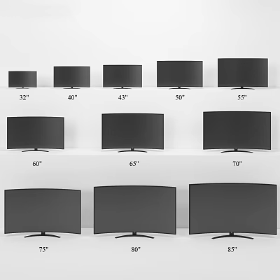 Various Size Televisions Featuring Curved And Flat Screen Models In Multiple Inches 3d model