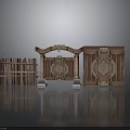 Ancient Wooden Architectural Elements With Intricate Carved Doors Frames And Bookshelves