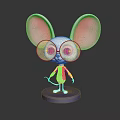 Cute Cartoon White Mouse Character With Large Pink Ears And Blue Glasses On Blue Base
