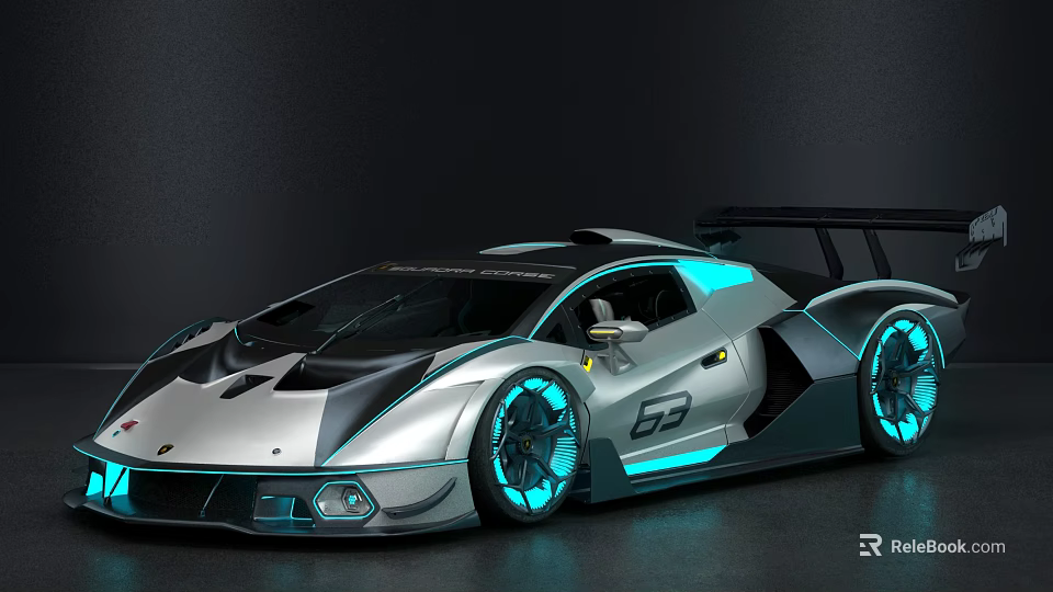 Futuristic Silver Gray Supercar With Blue LED Lights And Rear Spoiler 3d model 