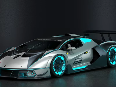 Futuristic Silver Gray Supercar With Blue LED Lights And Rear Spoiler 3d model