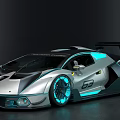 Futuristic Silver Gray Supercar With Blue LED Lights And Rear Spoiler