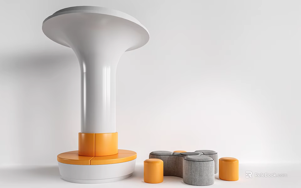 Modern White Column with Orange Base and Small Cylindrical Stools in Gray and Orange 3d model