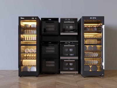 Modern Kitchen Appliances With Lighting Display And Glass Door Storage Units 3d model