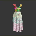 White Long Dress With Pink Floral Pattern And Sheer Shoulder Straps Layered Skirt
