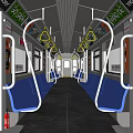 Metro Train Interior With Blue Seats Metal Handrails And Ceiling Lights
