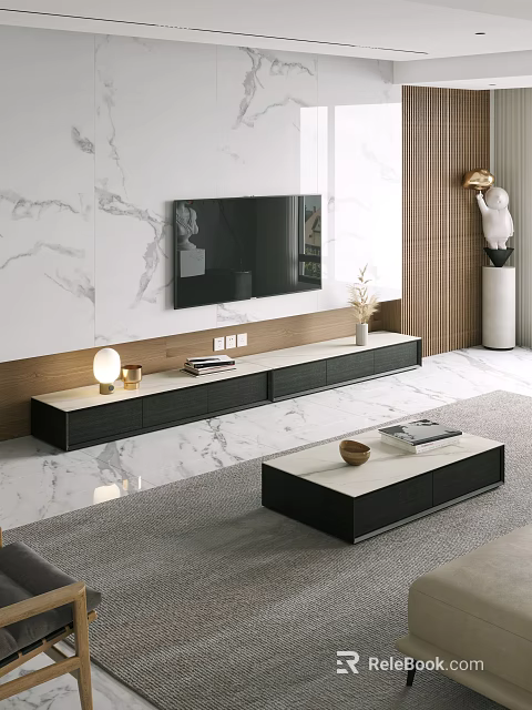 Modern TV Stand Featuring Flat Screen TV On Marble Wall With Decorative Items 3d model 