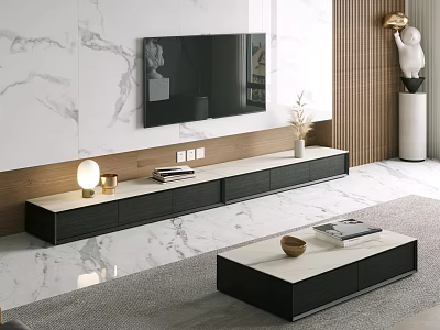 Modern TV Stand Featuring Flat Screen TV On Marble Wall With Decorative Items 3d model