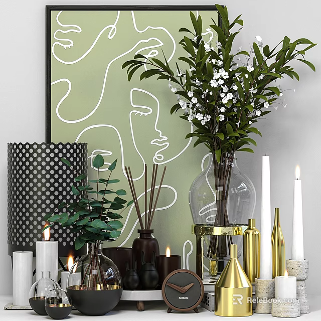 Elegant Decorative Ornament Set With Glass Vase Green Plants Candles And Abstract Painting 3d model 