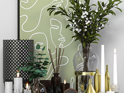Elegant Decorative Ornament Set With Glass Vase Green Plants Candles And Abstract Painting 3d model