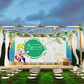 Garden Landscape Featuring Wooden Frame Colorful Flags White Tent on Green Lawn and Mountain Sky