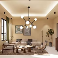Elegant Hotel Guest Room With Modern Chandelier Sofa Coffee Table And Decorative Paintings