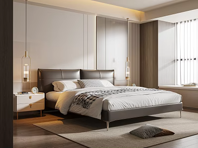 Modern Bedroom Interior Design With Dark Headboard Bed Nightstand Lamps Blinds And Rug 3d model