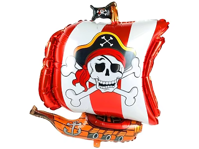 Fun Pirate Ship Balloon With Red White Stripes Skull Crossbones And Orange Hull 3d model